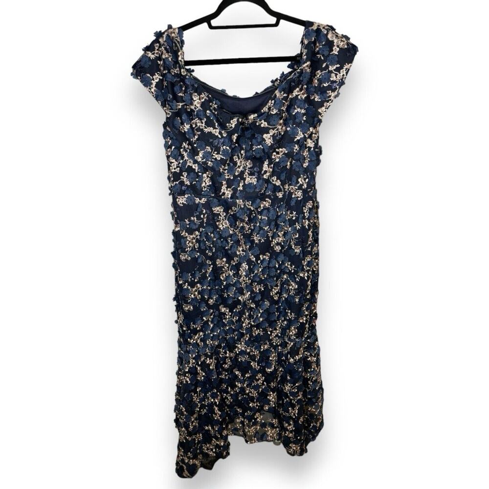 Xscape Women's 14W BRYNLEE Off The Shoulder Blue Raise Flower Evening Midi Dress - Picture 6 of 16